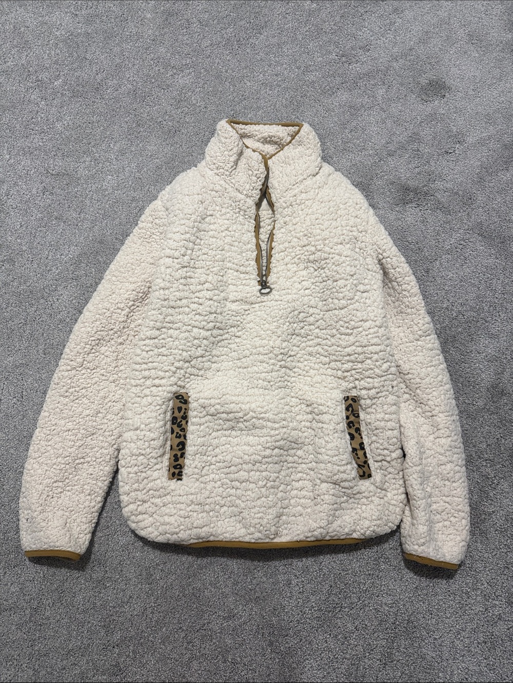 Thread & Supply Cozy Cream Sherpa Fleece Pullover Sweater with Leopard Trim